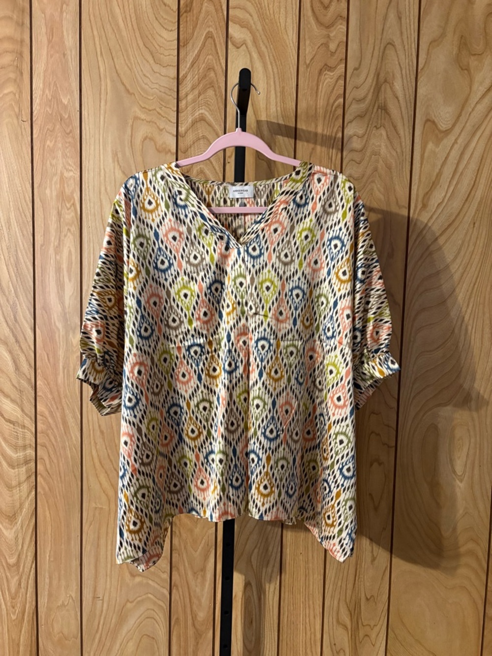 Anniewear Boho Ikat Blouse Size Small Multicolor Satin V Neck Top